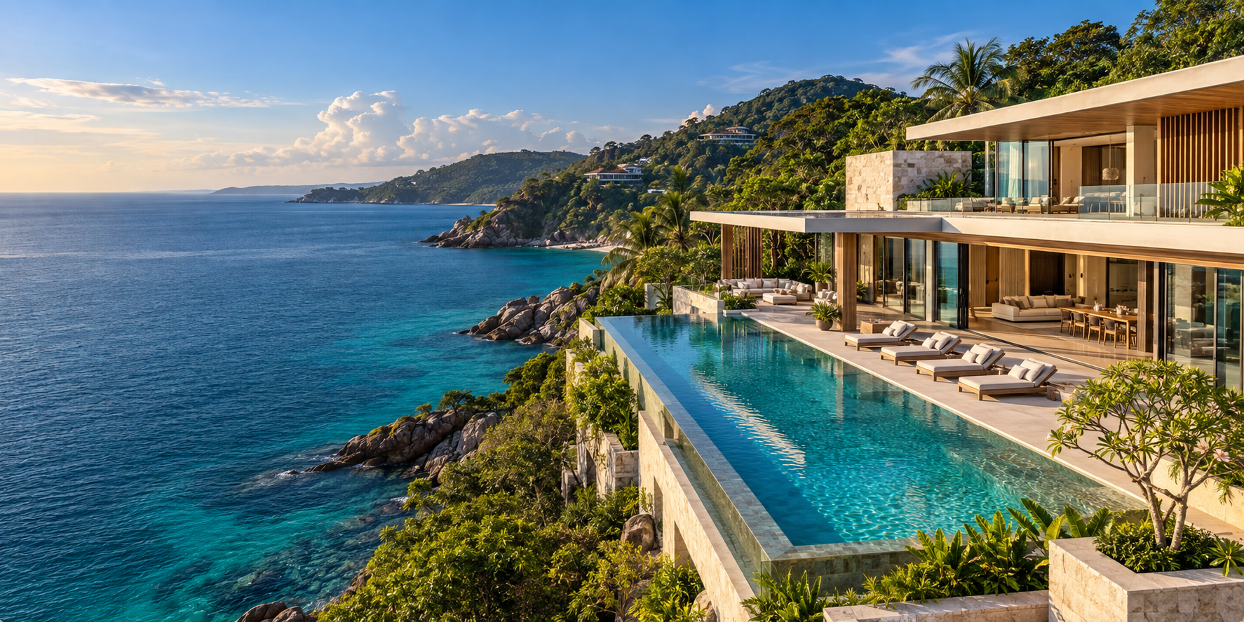 Luxury clifftop villa with infinity pool overlooking the Andaman sea in Phuket, Thailand